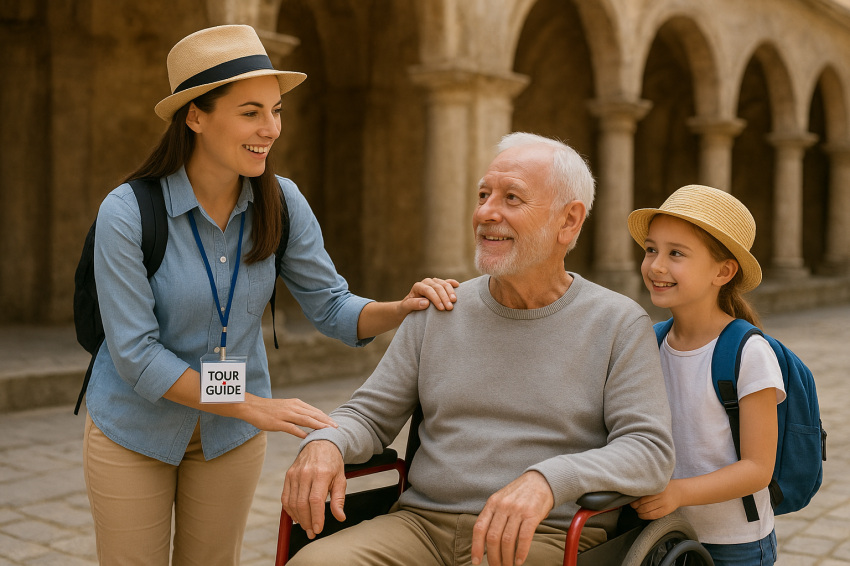 لیدر تور در حال کمک به مسافر سالمند و کودک در یک سفر